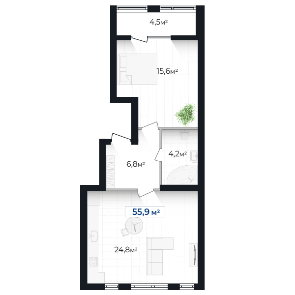ЖК Kniahynyn-Center - 2-кімнатна - 55.97 м<sup>2</sup>