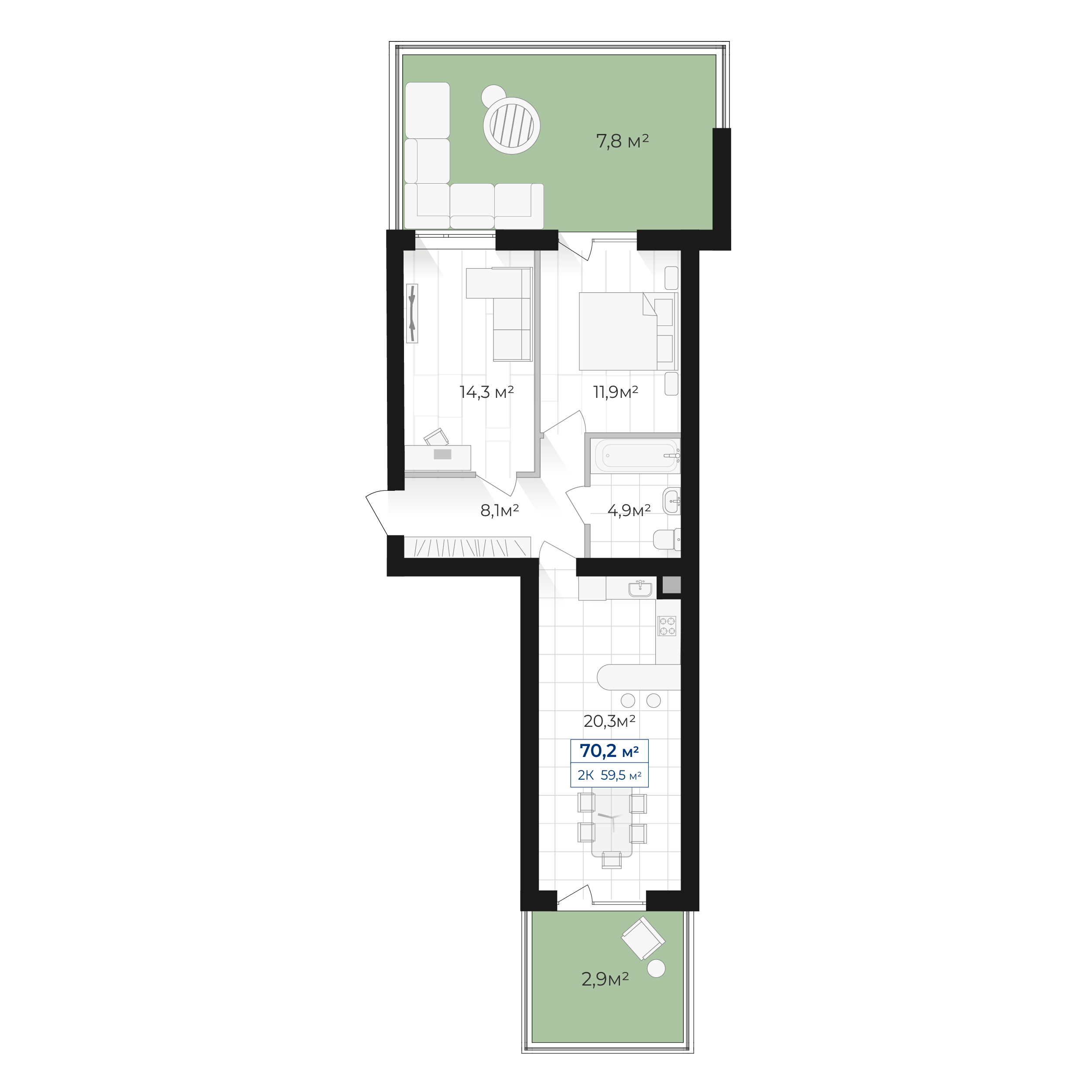 МІСТЕЧКО ПІВДЕННЕ - 2-кімнатна - 70.2 м<sup>2</sup>